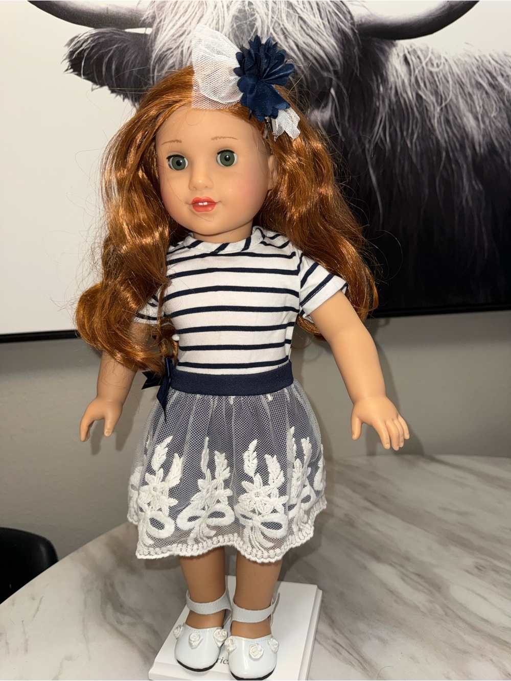 18” dolls white navy blue striped dress lace embroidered skirt Mary Jane’s